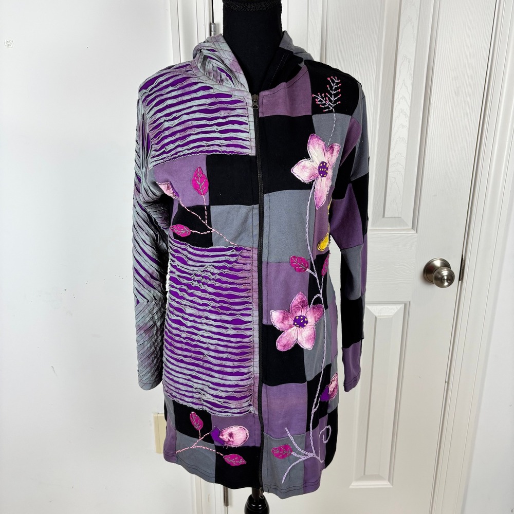 Nepal Cotton Patchwork Floral Embroidered Zip Up Hoodie Jacket‎ Duster Purple g